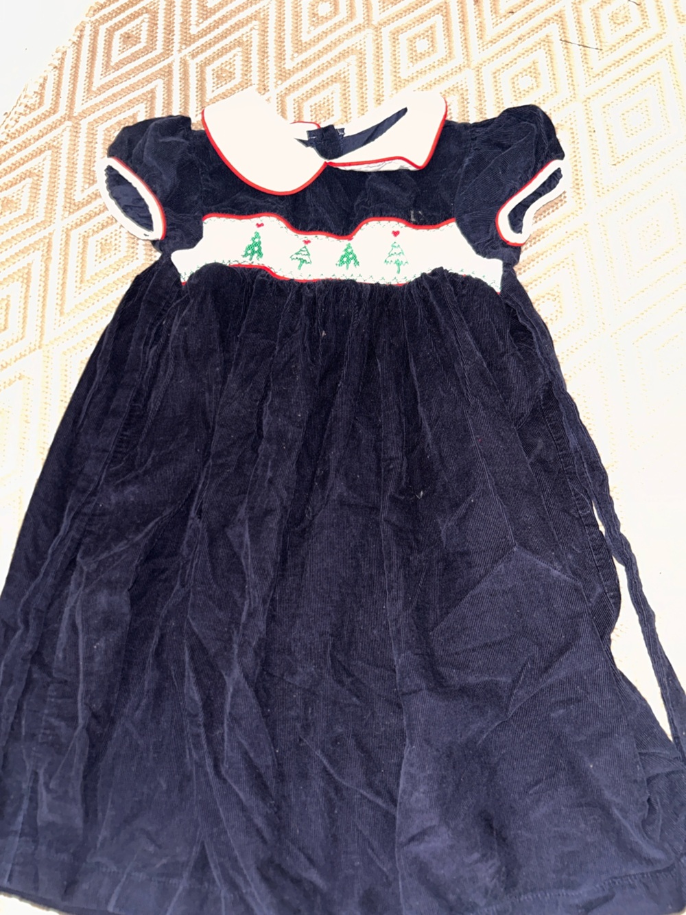 bella bliss Navy Corduroy Holiday Smocked Dress with Green Tree Embroidery